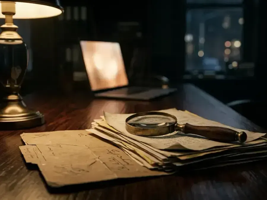 Background check documents and a magnifying glass on a desk