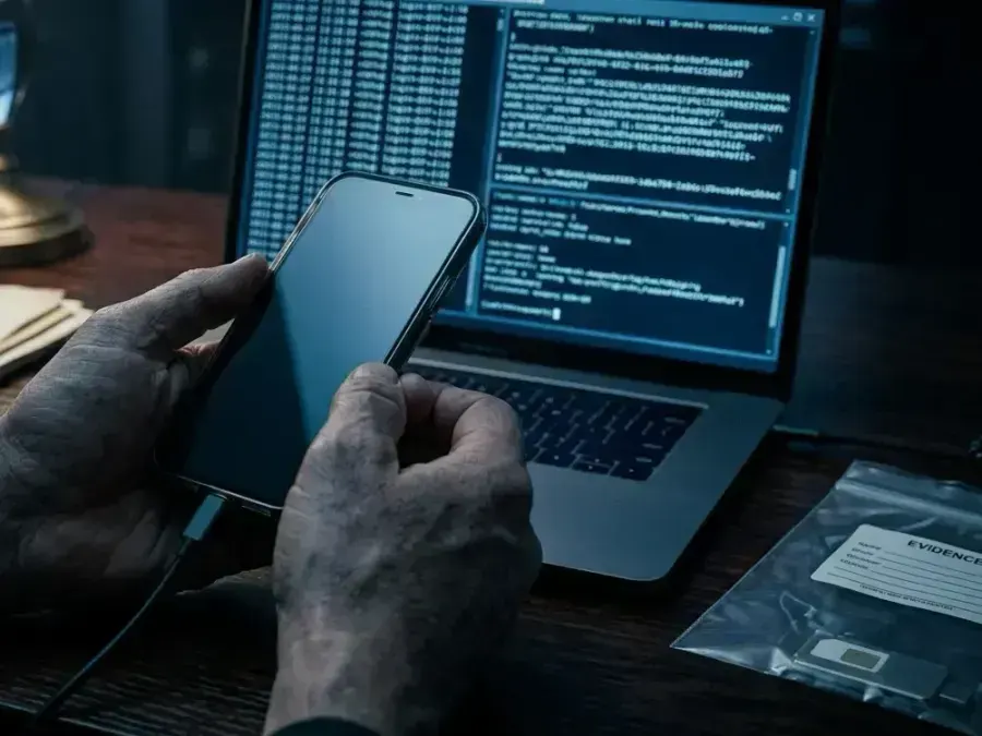Investigator examining a smartphone connected to a laptop for digital forensic evidence