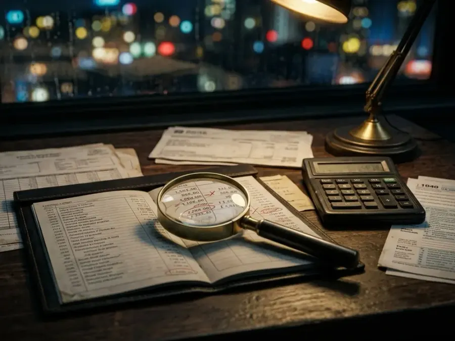 Financial statements and a calculator reviewed during a fraud investigation