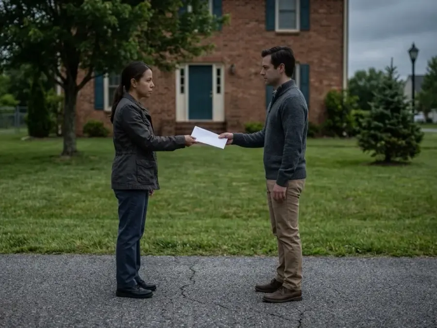 Process server delivering a sealed legal document at a front door