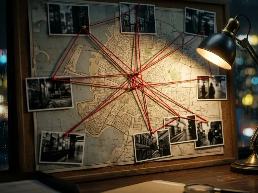 Corkboard with photographs and connected string used to trace a missing person