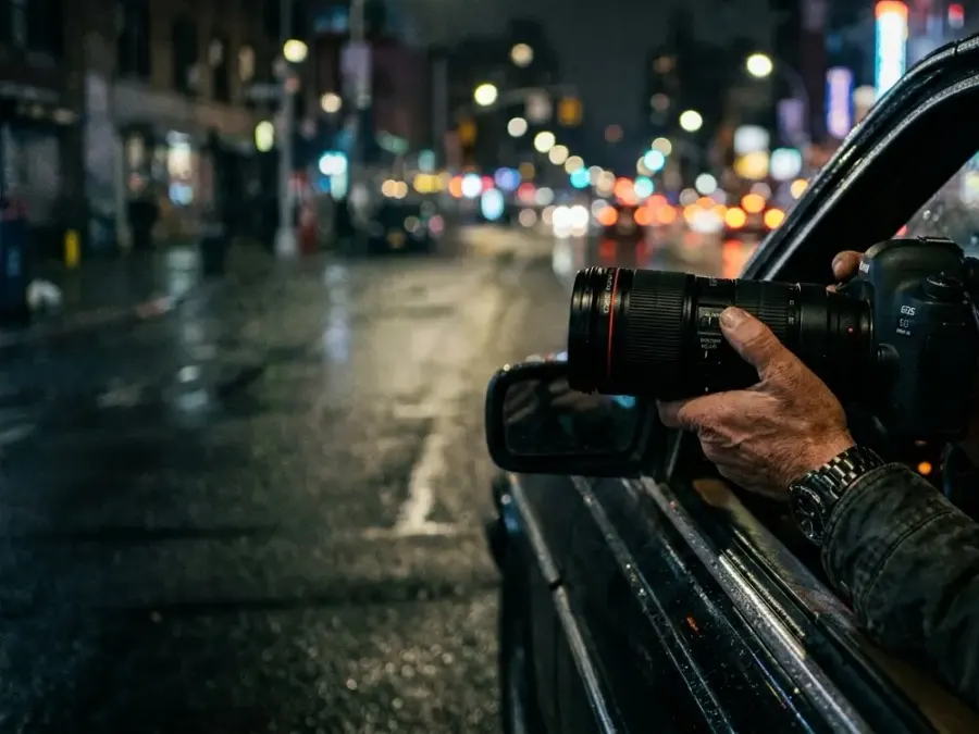 Private investigator photographing a subject with a telephoto lens from a car at night