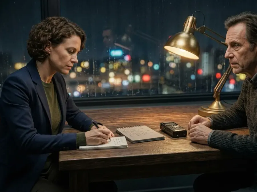 Two people seated across a table during a witness interview